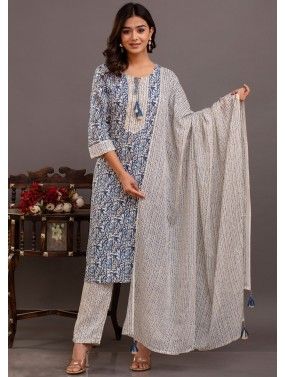 White Readymade Cotton Pant Suit In Print