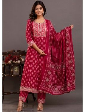 Magenta Cotton Readymade Printed Anarkali Suit
