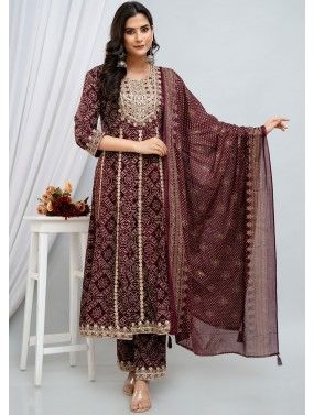 Wine Readymade Cotton Pant Suit In Print