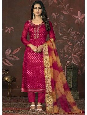Magenta Embroidered Art Silk Pant Suit