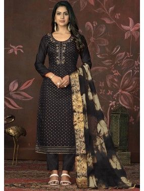 Black Art Silk Pant Suit In Thread Embroidery
