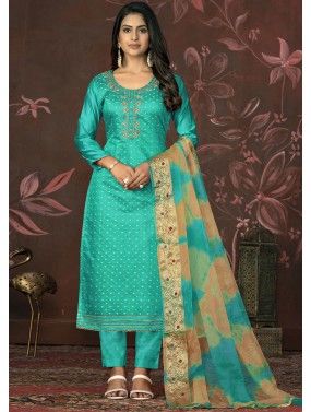Straight Cut Embroidered Pant Suit In Turquoise
