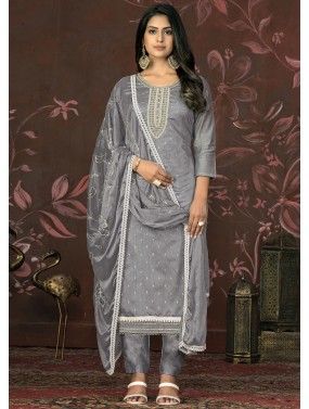 Grey Embroidered Pant Suit In Art Silk