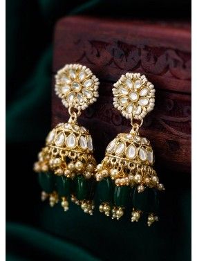 Golden & Green Stone Work Jhumka Earrings