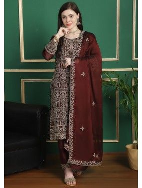 Maroon Dori Embroidered Georgette Pant Suit