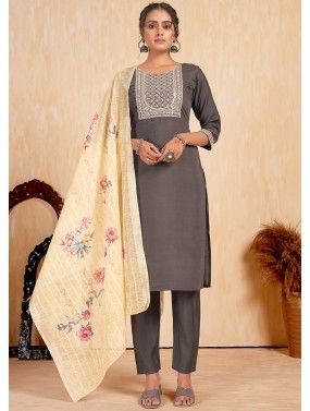 Grey Readymade Embroidered Viscose Pant Suit
