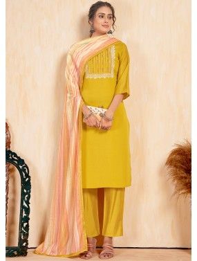 Yellow Readymade Embroidered Viscose Pant Suit Set