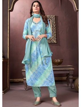 Blue Rayon Readymade Pant Suit In Bandhej Print