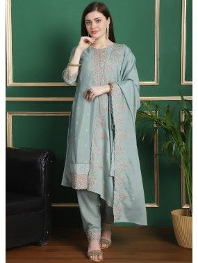 Light Blue Thread Embroidered Pant Suit Set