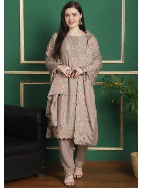 Light Brown Thread Embroidered Pant Suit 