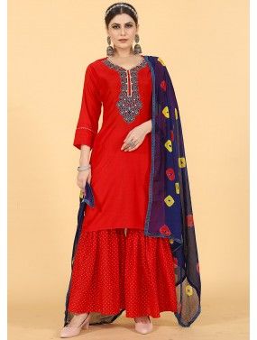 Red Readymade Embroidered Cotton Gharara Suit