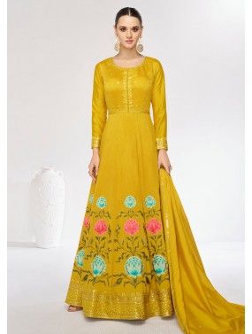 Yellow Floral Printed Art Silk Readymade Anarkali Suit