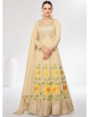 Beige Floral Printed Readymade Anarkali Suit In Art Silk