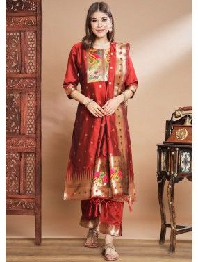 Readymade Red Zari Woven Pant Suit Set
