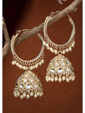 White Kundan Studded Earrings In Jhumka Style 