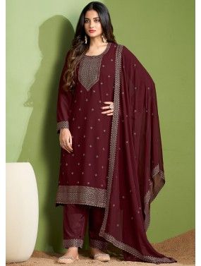 Maroon Embroidered Suit Set In Georgette