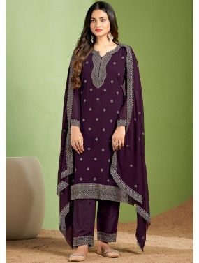Purple Embroidered Suit Set In Georgette