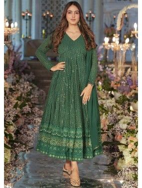 Olive Green Readymade Embroidered Georgette Anarkali Suit