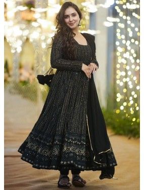 Black Readymade Embroidered Anarkali Suit In Georgette