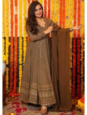 Light Brown Readymade Georgette Anarkali In Embroidery