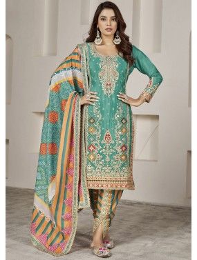 Green Embroidered Suit Set In Chiffon