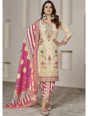 Cream Embroidered Suit Set In Chiffon
