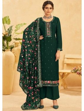 Bottle Green Embroidered Palazzo Suit Set