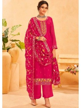 Pink Embroidered Organza Palazzo Suit Set