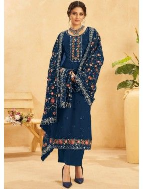 Blue Embroidered Palazzo Style Suit Set