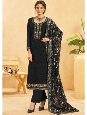 Black Embroidered Pant Suit In Organza