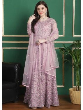 Pink Embroidered Anarkali Style Net Suit
