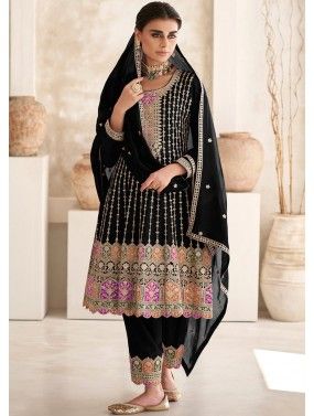 Black Embroidered Readymade Pant Suit In Chiffon