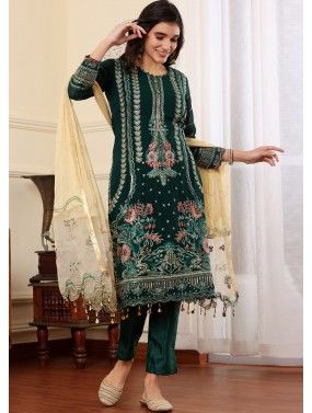 Green Embroidered Suit Set In Georgette