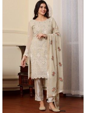Beige Embroidered Suit Set In Georgette