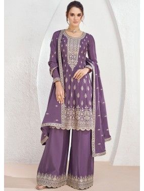 Lavender Embroidered Readymade Chiffon Flared Style Palazzo Suit