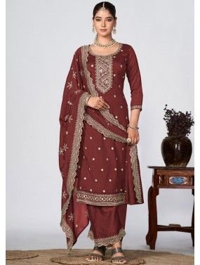 Brown Embroidered Palazzo Suit Set