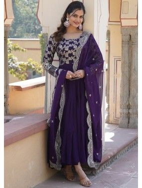 Readymade Purple Embroidered Anarkali Suit In Georgette