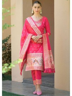 Pink Banarasi Silk Woven Pant Suit Set