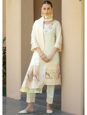Cream Woven Pant Suit In Banarasi Silk