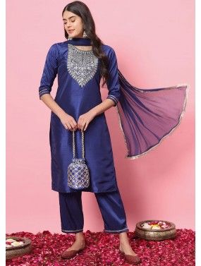Royal Blue Embroidered Readymade Pant Suit In Art Silk