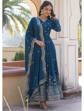 Blue Embroidered Anarkali Suit In Georgette