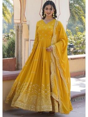 Yellow Embroidered Anarkali Suit In Georgette