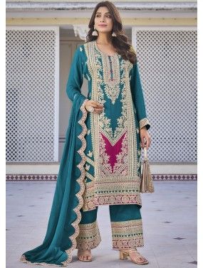 Readymade Embroidered Chiffon Palazzo Suit In Teal Blue