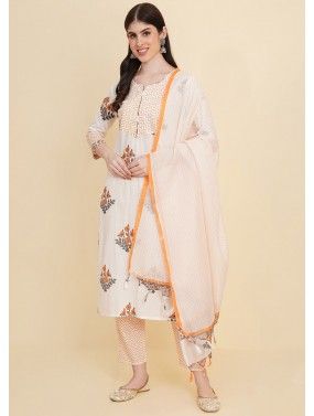 Readymade White Block Printed Pant Suit