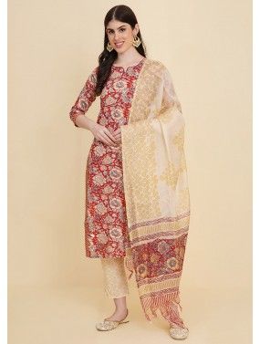 Red Floral Printed Readymade Pant Suit