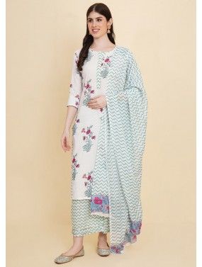 White Readymade Floral Print Palazzo Suit Set