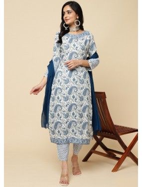 White Readymade Printed Cotton Pant Suit