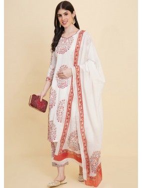 White Readymade Printed Pant Suit In Cotton