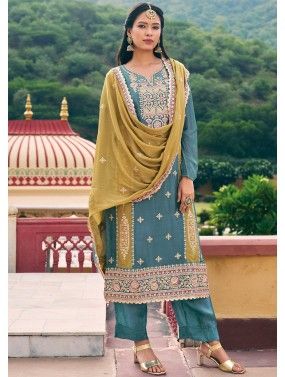 Readymade Blue Embroidered Palazzo Suit In Chiffon