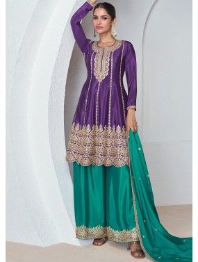 Purple Readymade Embroidered Palazzo Suit In Chiffon